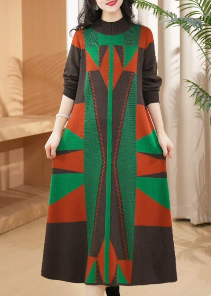 Chic Green O Neck Geometric Woolen Long Knit Dress Winter