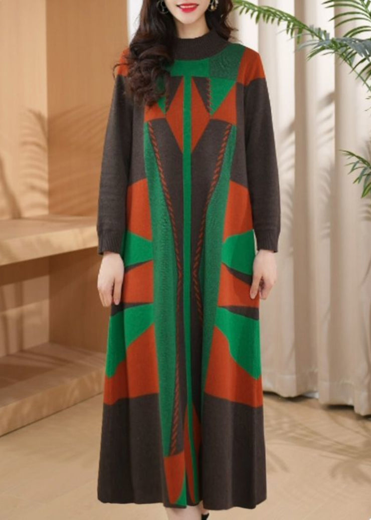 Chic Green O Neck Geometric Woolen Long Knit Dress Winter