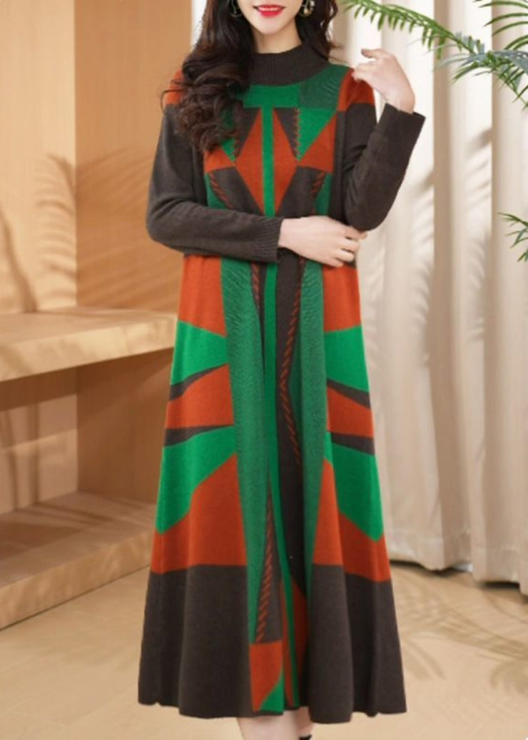 Chic Green O Neck Geometric Woolen Long Knit Dress Winter