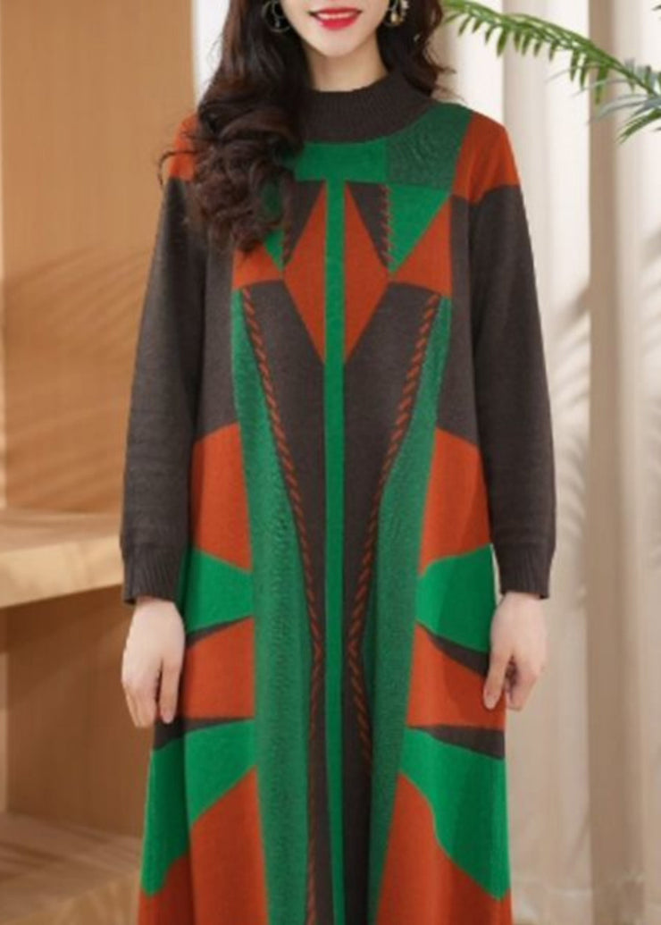 Chic Green O Neck Geometric Woolen Long Knit Dress Winter