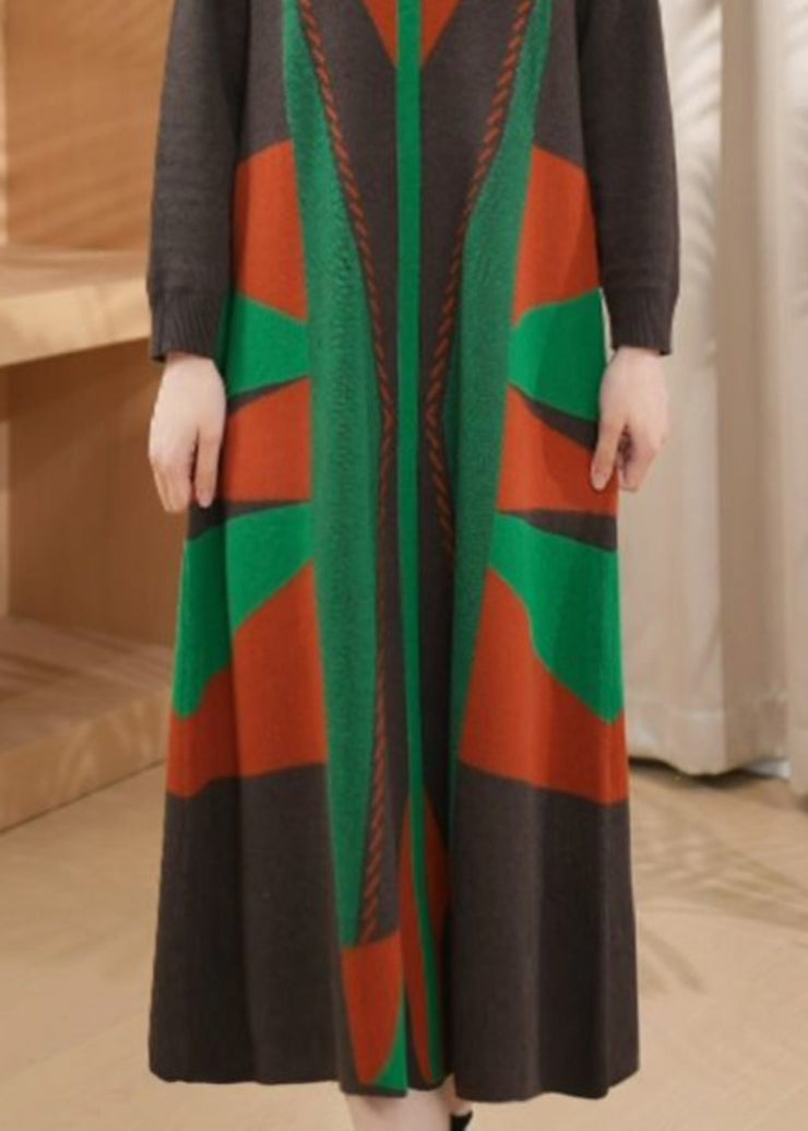 Chic Green O Neck Geometric Woolen Long Knit Dress Winter