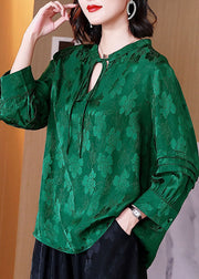 Chic Green O-Neck Lace Up Wrinkled Jacquard Silk Blouses Long Sleeve