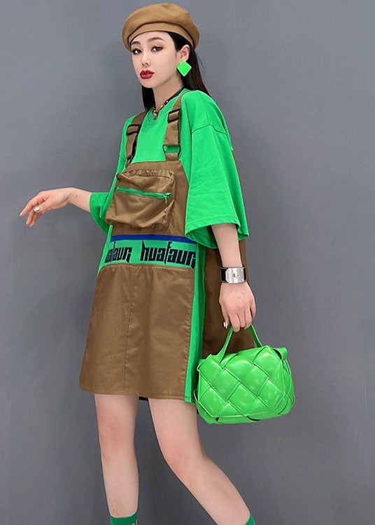 Chic Green O-Neck Patchwork Cotton Fake Two Piece Strap Dress Short Sleeve