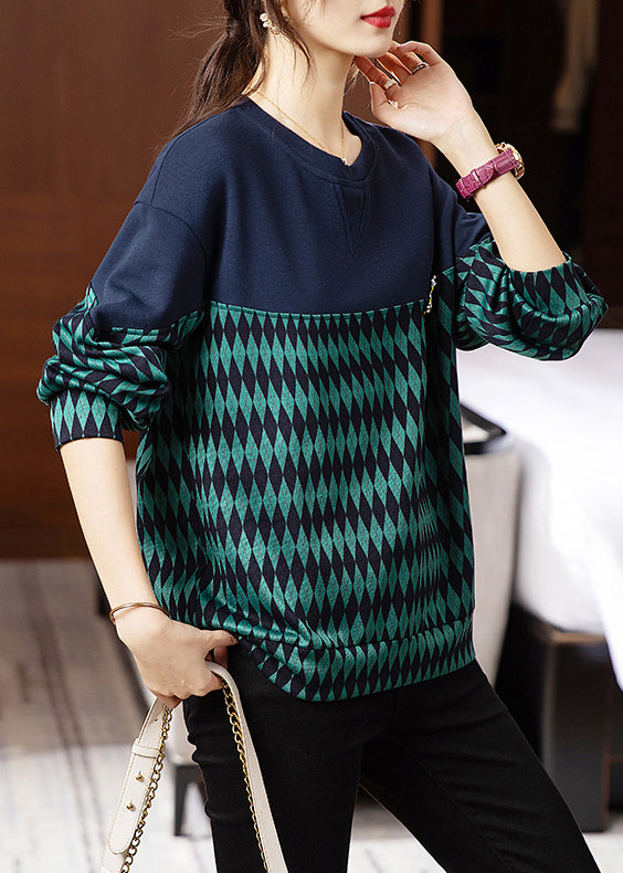 Chic Green O Neck Print Patchwork Cotton Sweatshirt Fall