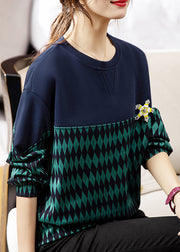 Chic Green O Neck Print Patchwork Cotton Sweatshirt Fall