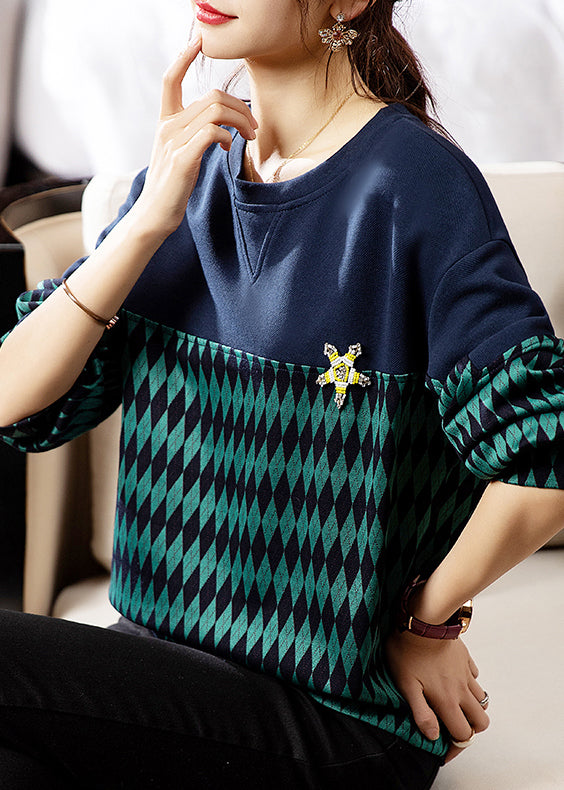 Chic Green O Neck Print Patchwork Cotton Sweatshirt Fall