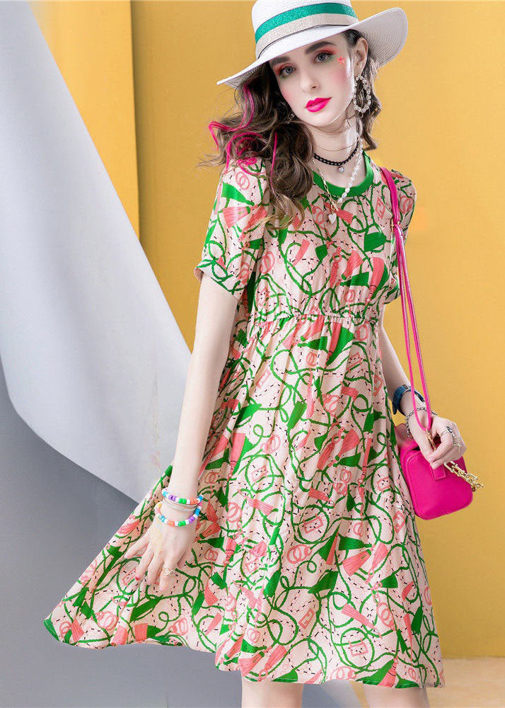 Chic Green O Neck Print Patchwork Silk A Line Dresses Summer