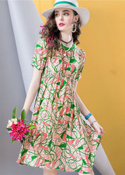 Chic Green O Neck Print Patchwork Silk A Line Dresses Summer