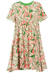 Chic Green O Neck Print Patchwork Silk A Line Dresses Summer