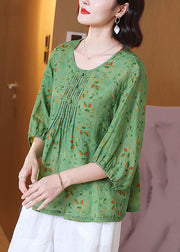 Chic Green O Neck Print Wrinkled Patchwork Linen T Shirt Tops Summer