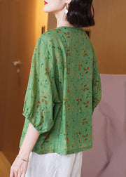 Chic Green O Neck Print Wrinkled Patchwork Linen T Shirt Tops Summer