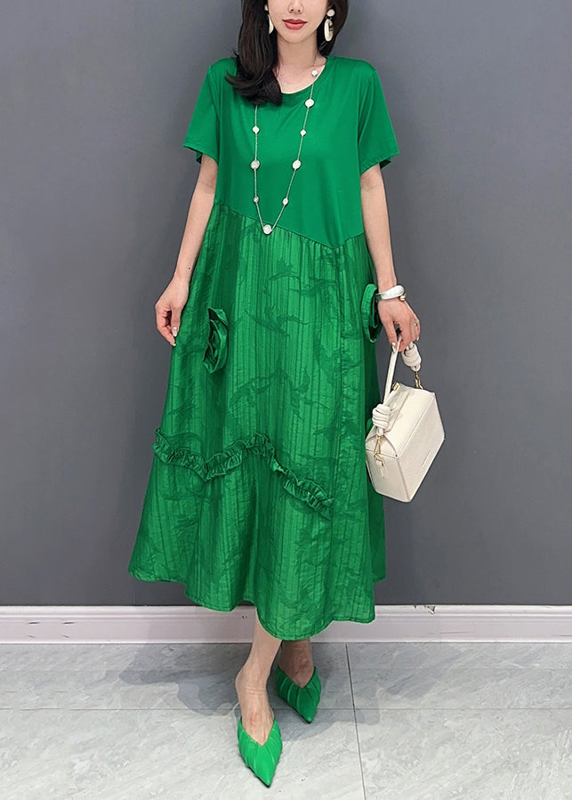 Chic Green O Neck Ruffled Patchwork Cotton Dresses Summer