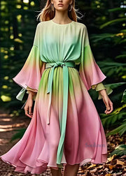 Chic Green O-Neck Tie Waist Silk Maxi Dress Fall