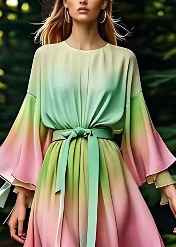 Chic Green O-Neck Tie Waist Silk Maxi Dress Fall