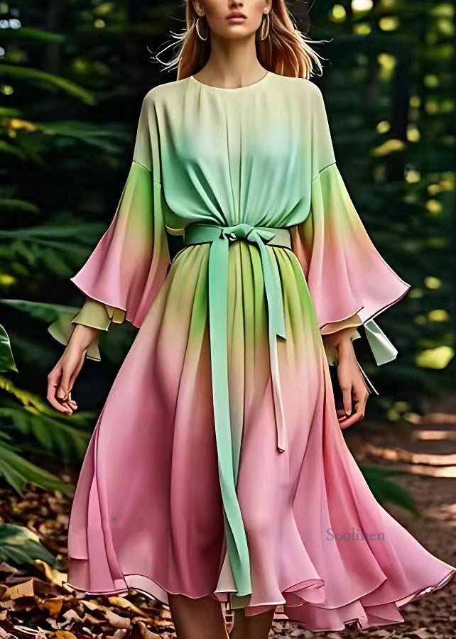 Chic Green O-Neck Tie Waist Silk Maxi Dress Fall