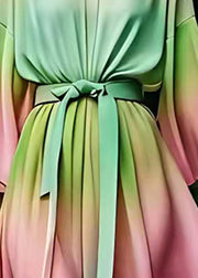 Chic Green O-Neck Tie Waist Silk Maxi Dress Fall