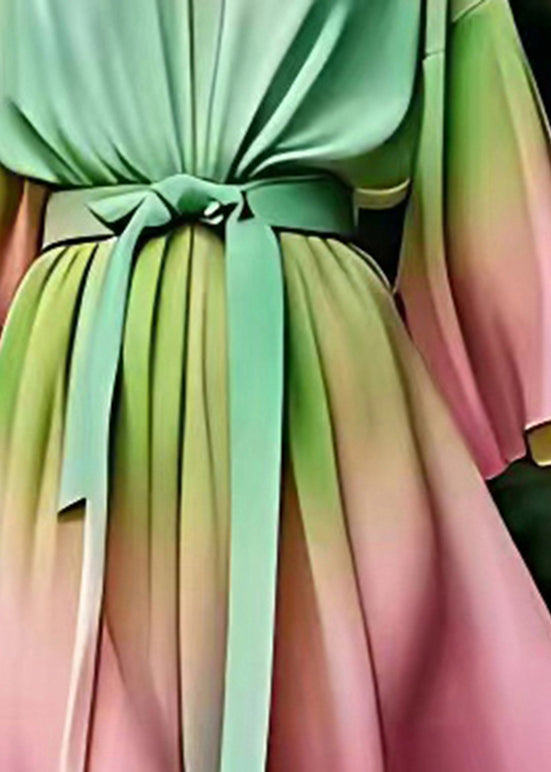 Chic Green O-Neck Tie Waist Silk Maxi Dress Fall