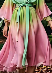 Chic Green O-Neck Tie Waist Silk Maxi Dress Fall