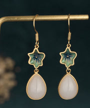 Chic Green Overgild Inlaid Jade Tassel Water Drop Drop Earrings