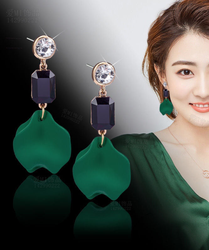 Chic Green Overgild Zircon Resin Floral Drop Earrings