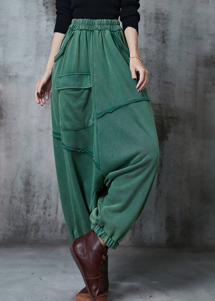Chic Green Oversized Asymmetrical Cotton Harem Pants Fall