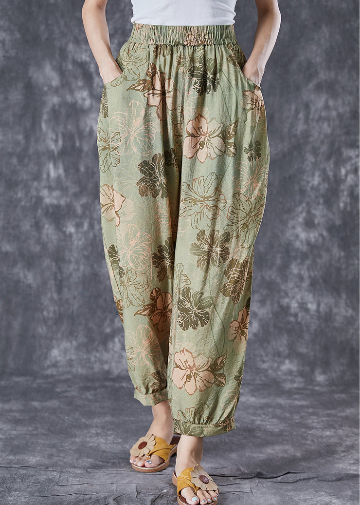 Chic Green Oversized Pockets Print Cotton Harem Pants Summer