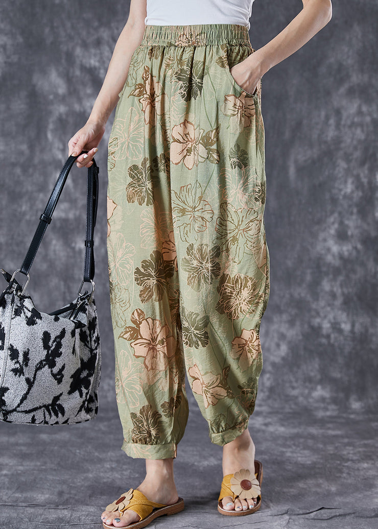 Chic Green Oversized Pockets Print Cotton Harem Pants Summer