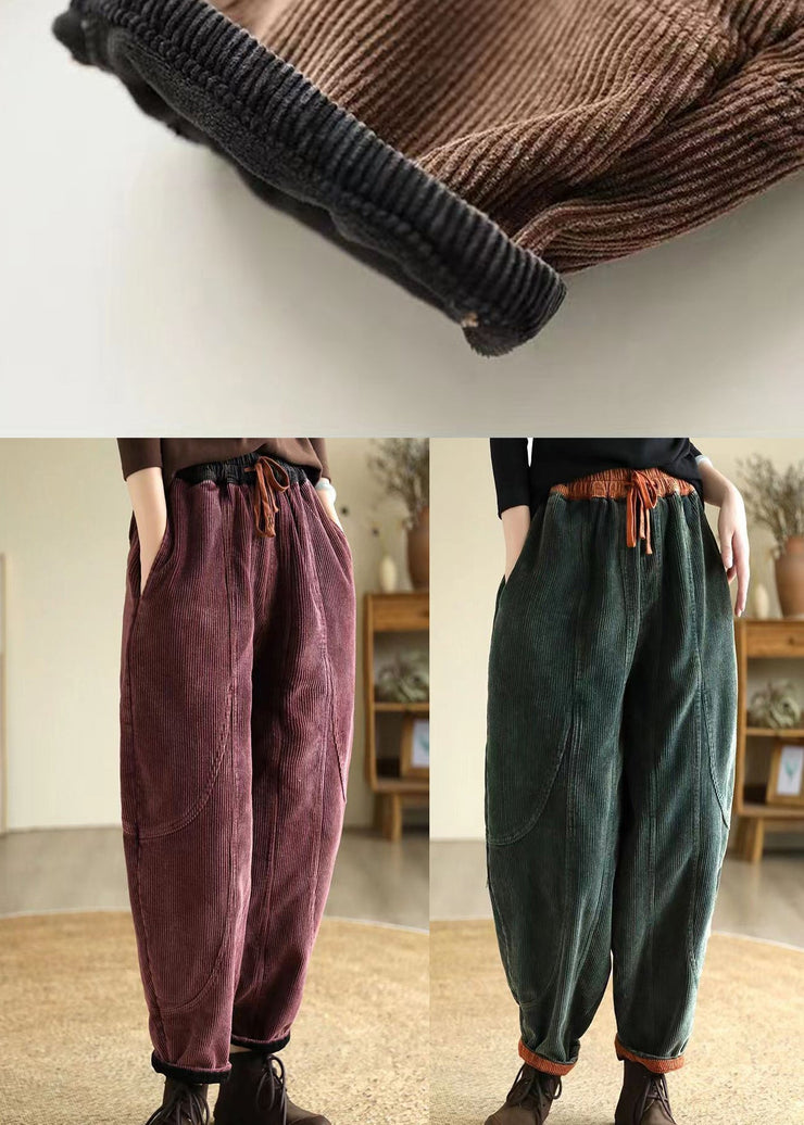 Chic Green Oversized Pockets Warm Fleece Corduroy Harem Pants Winter