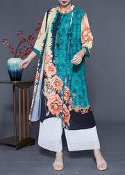 Chic Green Oversized Print Chinese Style Silk Women Sets 2 Pieces Spring