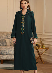 Chic Green Patchwork Zircon Hooded Silk Long Dresses Long Sleeve