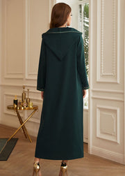 Chic Green Patchwork Zircon Hooded Silk Long Dresses Long Sleeve