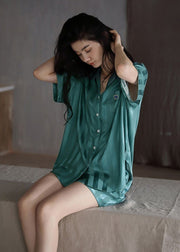 Chic Green Peter Pan Collar Button Ice Silk Pajamas Two Piece Set Short Sleeve