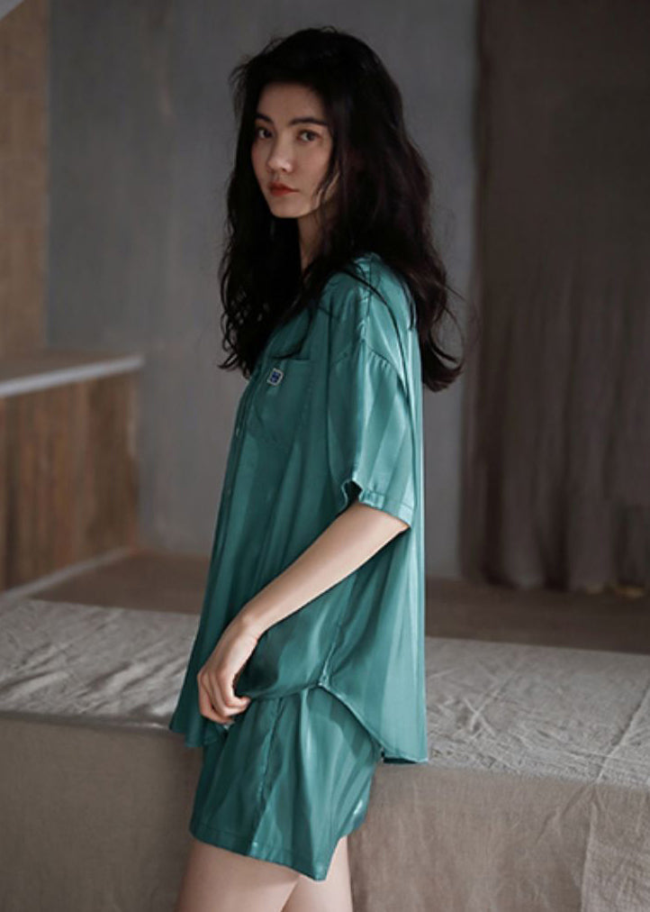 Chic Green Peter Pan Collar Button Ice Silk Pajamas Two Piece Set Short Sleeve