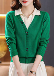 Chic Green Peter Pan Collar False Two Pieces Patchwork Knit Sweaters Fall