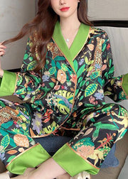 Chic Green Peter Pan Collar Print Ice Silk Pajamas Two-Piece Set Spring