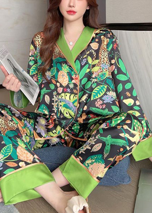 Chic Green Peter Pan Collar Print Ice Silk Pajamas Two-Piece Set Spring