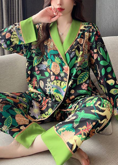 Chic Green Peter Pan Collar Print Ice Silk Pajamas Two-Piece Set Spring