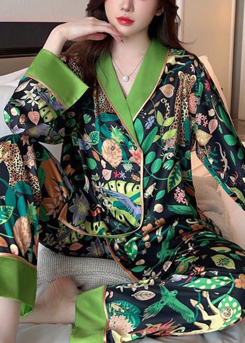 Chic Green Peter Pan Collar Print Ice Silk Pajamas Two-Piece Set Spring