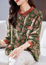 Chic Green Peter Pan Collar Print Patchwork Linen Shirt Top Long Sleeve