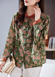 Chic Green Peter Pan Collar Print Patchwork Linen Shirt Top Long Sleeve