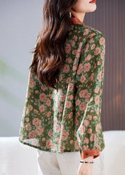 Chic Green Peter Pan Collar Print Patchwork Linen Shirt Top Long Sleeve