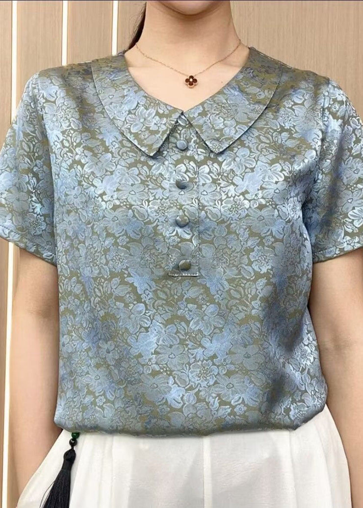 Chic Green Peter Pan Collar Print Patchwork Silk T Shirt Summer