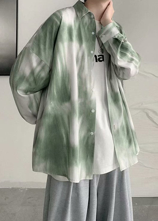 Chic Green Peter Pan Collar Tie Dye Cotton Men Shirts Spring