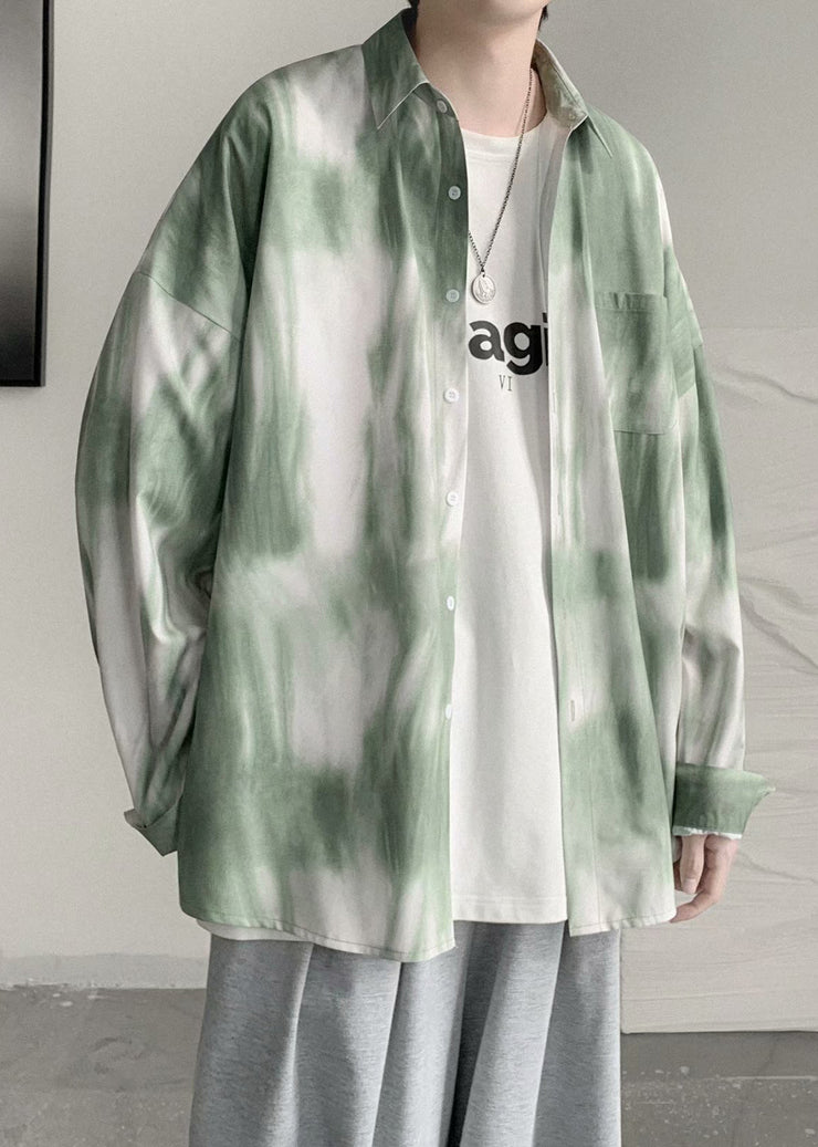 Chic Green Peter Pan Collar Tie Dye Cotton Men Shirts Spring