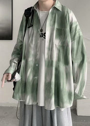 Chic Green Peter Pan Collar Tie Dye Cotton Men Shirts Spring