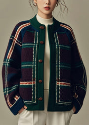 Chic Green Plaid Button Patchwork Woolen Coats Winter