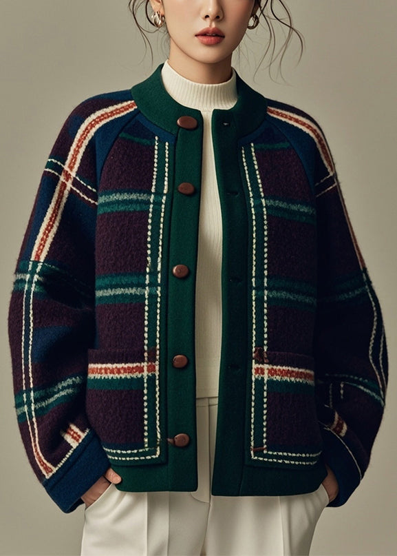 Chic Green Plaid Button Patchwork Woolen Coats Winter