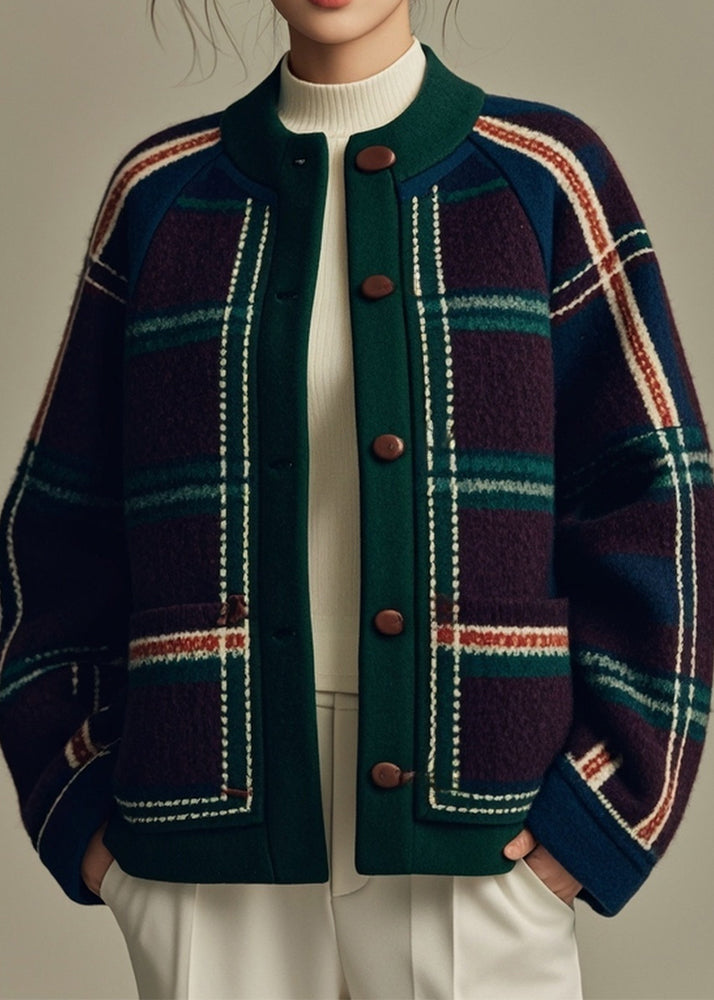 Chic Green Plaid Button Patchwork Woolen Coats Winter