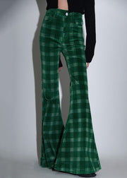 Chic Green Plaid Pockets Corduroy Flare Bottoms Spring