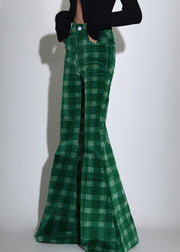 Chic Green Plaid Pockets Corduroy Flare Bottoms Spring